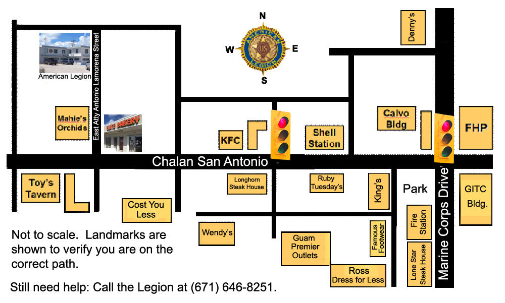 Map to the American Legion Guam post home and canteen.